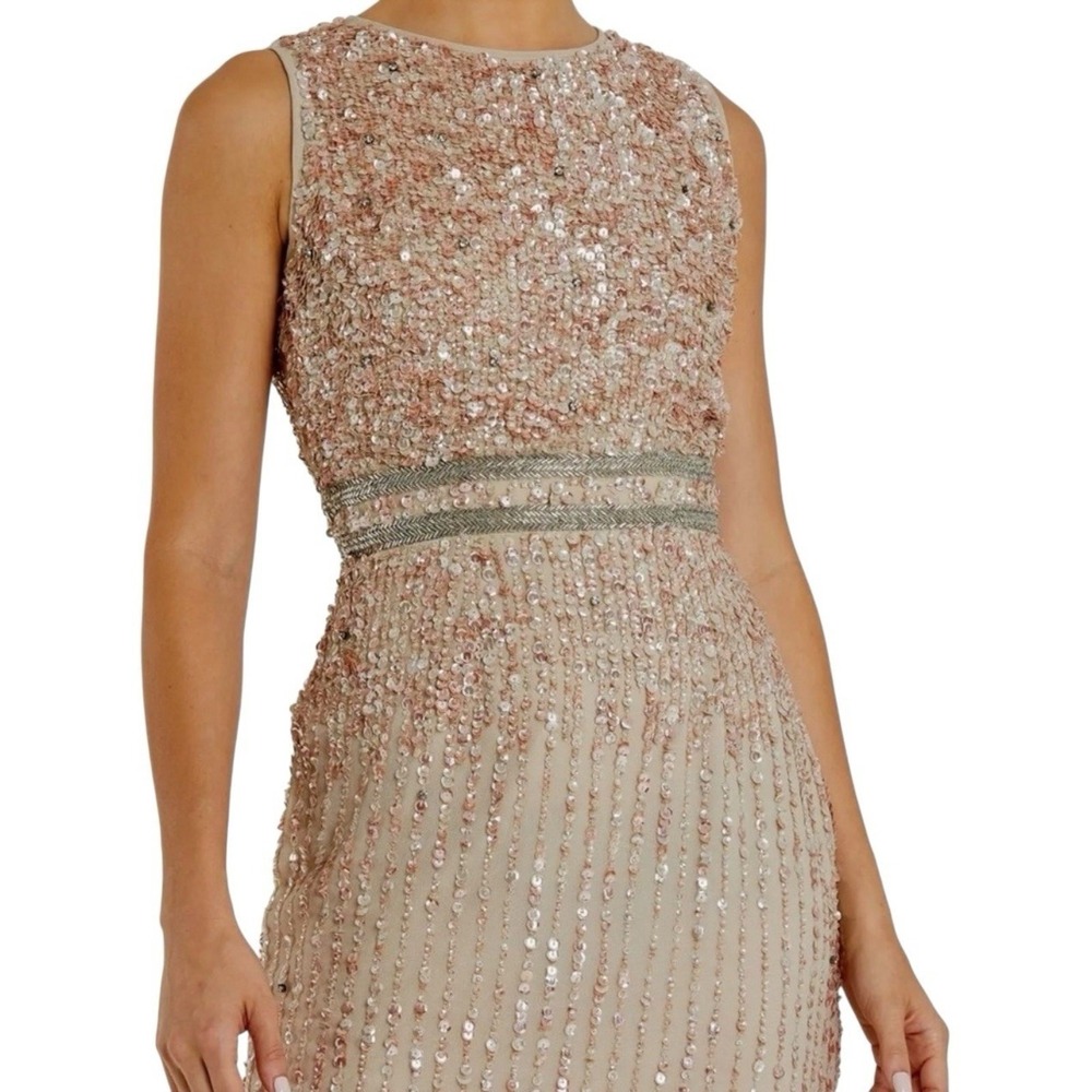 Mac Duggal 10509 Sleeveless High Neck Beaded Midi Sheath Dress Nude Size 10 NWT - Picture 2 of 8